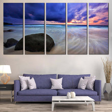 Load image into Gallery viewer, Ocean Rocks Canvas Print Thailand Sand Grey Rocks Multi Panel Canvas Blue Cloudy Sunset Sky Sea  5 Piece Canvas Wall Art For Your Living Room
