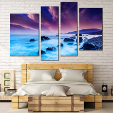 Load image into Gallery viewer, Ocean Rocks Canvas Wall Art Beautiful Blue Europe Ocean Rock Sunset  4 Piece Canvas Print Dramatic Purple Overcast Sky Ocean Canvas For Bedroom
