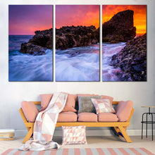 Load image into Gallery viewer, Ocean Rocks Canvas Wall Art Blue Laguna Beach  3 Piece Canvas Print Orange Pacific Ocean Sunset Canvas Artwork For Living Room
