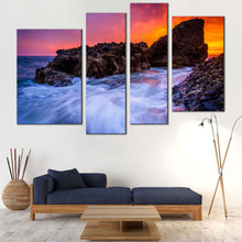 Load image into Gallery viewer, Ocean Rocks Canvas Wall Art Blue Laguna Beach  4 Piece Canvas Print Orange Pacific Ocean Sunset Canvas Artwork 
