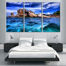 Load image into Gallery viewer, Ocean Rocks Canvas Wall Art Blue Tempest Ocean  3 Piece Canvas Print Brown Rocks Cloudy Sky Canvas Set For Bedroom
