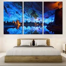 Load image into Gallery viewer, Ocean Rocks Canvas Wall Art Brown Rocks Crystal Palace  3 Piece Canvas Blue Guilin Reed Flute Caves Canvas Print For Bedroom
