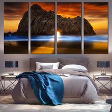 Load image into Gallery viewer, Ocean Rocks Canvas Wall Art Burns State Park Keyhole Rock  4 Piece Canvas Print Yellow Sunlight Shining Through Rock Multi Canvas Orange Sunset Canvas For Your Bedroom
