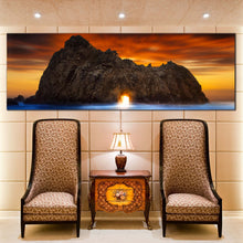 Load image into Gallery viewer, Ocean  Rocks  Canvas  Wall  Art  Burns  State  Park  Keyhole  Rock  Living  Room  1  Piece  Canvas  Print  Yellow  Sunlight  Shining  Through  Rock  Multi  Canvas  Orange  Sunset  Sky In Living Room

