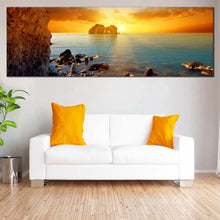 Load image into Gallery viewer, Ocean  Rocks  Canvas  Wall  Art  Dramatic  Yellow  Cloudy  Sunset  Sky  Wide  Canvas  Blue  Sea  Ocean  Boulders  Living  Room  Panoramic  Canvas  Print For Living Room
