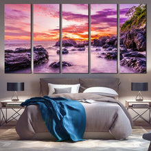 Load image into Gallery viewer, Ocean Rocks Canvas Wall Art Orange Tokoriki Island Canvas Set Matamanoa Beach 5 Piece Canvas Print  Purple Fiji Ocean Multi Canvas For Bedroom
