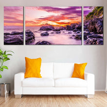 Load image into Gallery viewer, Ocean Rocks Canvas Wall Art Orange Tokoriki Island Canvas Set Matamanoa Beach  3 Piece Canvas Print Purple Fiji Ocean Multi Canvas In Living Room
