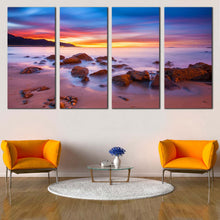 Load image into Gallery viewer, Ocean Rocks Canvas Wall Art Purple California Coast 4 Piece Canvas Set Yellow Sky Boulders Seascape  Canvas Print For Your Living room
