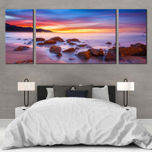 Load image into Gallery viewer, Ocean  Rocks  Canvas  Wall  Art  Purple  California  Coast  Bedroom  3  Piece  Canvas  Set  Yellow  Sky  Boulders  Seascape  Canvas  Print For Bedroom
