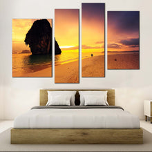 Load image into Gallery viewer, Ocean Rocks Canvas Wall Art Yellow Clouds Sunset Sky Seascape Multi Canvas Brown Sand Beach Ocean  4 Piece Canvas Print 
