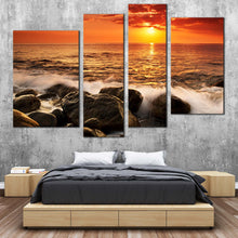 Load image into Gallery viewer, Ocean Rocks Canvas Wall Art Yellow Sunset at Sea Canvas Orange Sky Seascape Waves  4 Piece Canvas Print
