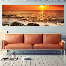Load image into Gallery viewer, Ocean  Rocks  Canvas  Wall  Art  Yellow  Sunset  at  Sea  Wide  Canvas  Orange  Sky  Seascape  Waves  Living  Room  Panoramic  Canvas  Print In Living Room

