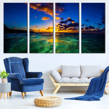 Load image into Gallery viewer, Ocean Sky Canvas Print North Shore of Oahu 4 Piece Canvas Blue Yellow Hawaiian Sunset  Canvas Wall Art In Living room
