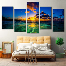 Load image into Gallery viewer, Ocean Sky Canvas Print North Shore of Oahu  5 Piece Canvas Blue Yellow Hawaiian Sunset Wide Canvas Wall Art For Your Bedroom
