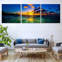 Load image into Gallery viewer, Ocean  Sky  Canvas  Print  North  Shore  of  Oahu  Living  Room  3  Piece  Canvas  Blue  Yellow  Hawaiian  Sunset  Wide  Canvas  Wall  Art In Living Room
