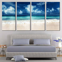 Load image into Gallery viewer, Ocean Sky Canvas Wall Art Blue Sky Clouds Canvas Canvas Set White Sand Caribbean Sea  4 Piece Canvas Print In Bedroom
