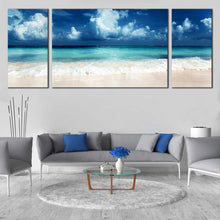 Load image into Gallery viewer, Ocean Sky Canvas Wall Art Blue Sky Clouds Canvas Triptych Canvas Set White Sand Caribbean Sea  3 Piece Canvas Print For Living Room
