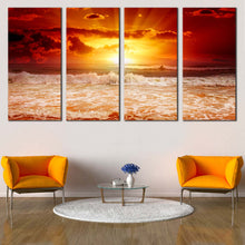 Load image into Gallery viewer, Ocean Sky Canvas Wall Art Orange Yellow Sunset Sky  4 Piece Canvas Seascape Waves Canvas Print In Living Room
