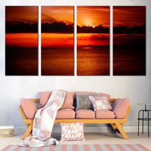 Load image into Gallery viewer, Ocean Sky Canvas Wall Art Red Sunset Clouds Sea  4 Piece Canvas Print Orange Sun Behind Clouds Canvas In Living Room
