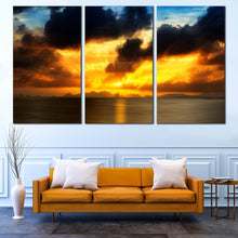 Load image into Gallery viewer, Ocean Sky Canvas Wall Art Yellow Cloudy Sky Sunset Reflection  3 Piece Canvas Print Grey Seascape Canvas For Living Room
