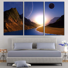 Load image into Gallery viewer, Ocean Sunrise Canvas Wall Art Brown Ocean Mountains 3 Piece Split Canvas Blue Moon Starry Sky Canvas Print In Bedroom

