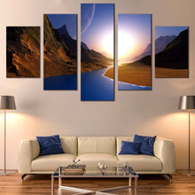Load image into Gallery viewer, Ocean  Sunrise  Canvas  Wall  Art  Brown  Ocean  Mountains  5  Piece  Split  Canvas  Blue  Moon  Starry  Sky  Canvas  Print In Living room
