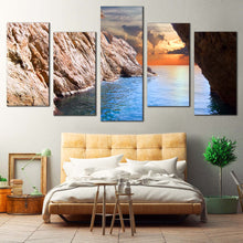 Load image into Gallery viewer, Ocean Sunrise Canvas Wall Art Brown Ocean Rocks  5 Piece Canvas Yellow Ocean Sunset Canvas Print In Bedroom
