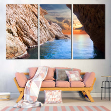 Load image into Gallery viewer, Ocean Sunrise Canvas Wall Art Brown Ocean Rocks  3 Piece Canvas Yellow Ocean Sunset Canvas Print For Living room

