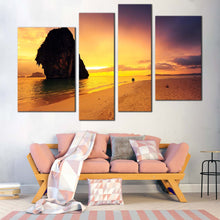 Load image into Gallery viewer, Ocean Sunset Canvas Wall Art Brown Sand Beach Sea  4 Piece CanvasPrint Yellow Sky Ocean Rocks Multi Canvas 
