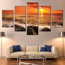 Load image into Gallery viewer, Ocean  Sunset  Canvas  Wall  Art  Ocean  Rock  Boulders  Living  Room  5  Piece  Canvas  Print  Yellow  Sunset  at  Sea  Canvas  Set In Living room
