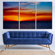 Load image into Gallery viewer, Ocean Sunset Canvas Wall Art Red Orange Cloudy Sky  3 Piece Canvas In Living room
