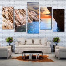 Load image into Gallery viewer, Ocean Sunset Canvas Wall Art Yellow Cloudy Sunrise Multi Canvas Looking Out Cave Ocean  5 Piece Canvas Print In Your Living Room
