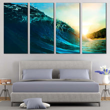 Load image into Gallery viewer, Ocean Waves Canvas Print Blue Surfing Wave  4 Piece Canvas Wall Art Beautiful Yellow Sea Sunset Canvas For Bedroom
