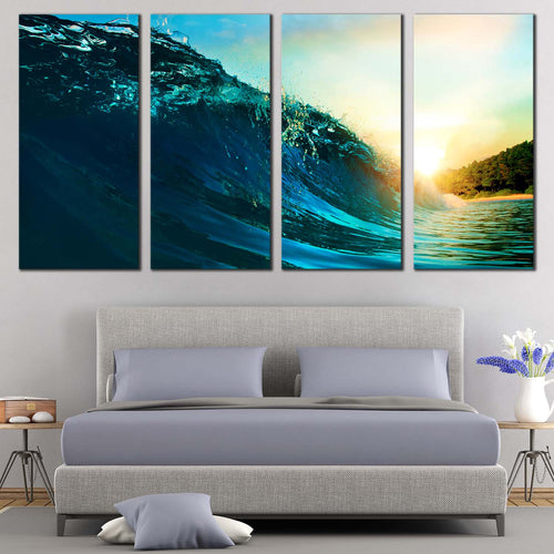 Ocean Waves Canvas Print Blue Surfing Wave  4 Piece Canvas Wall Art Beautiful Yellow Sea Sunset Canvas For Bedroom