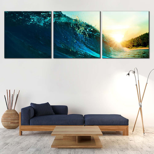 Ocean  Waves  Canvas  Print  Blue  Surfing  Wave  Living  Room  3  Piece  Canvas  Wall  Art  Beautiful  Yellow  Sea  Sunset  Multi  Canvas For Living Room