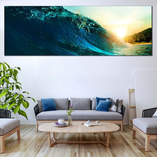 Ocean  Waves  Canvas  Print  Blue  Surfing  Wave  Living  Room  Panoramic  Canvas  Wall  Art  Beautiful  Yellow  Sea  Sunset  Wide  Canvas In Living Room