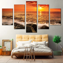 Load image into Gallery viewer, Ocean  Waves  Canvas  Print  Orange  Seascape  Ocean  Rocks    5  Piece  Canvas  Wall  Art  Yellow  Sunset  at  Sea  Multi  Canvas  Artwork For Your Bedroom
