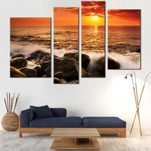 Load image into Gallery viewer, Ocean Waves Canvas Print Orange Seascape Ocean Rocks  4 Piece Canvas Wall Art Yellow Sunset at Sea Multi Canvas Artwork 
