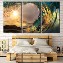 Load image into Gallery viewer, Ocean Waves Canvas Wall Art Green Beach Wave  3 Piece Canvas Yellow Cloudy Sunset Wave Break Triptych Canvas Print For Bedroom
