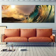 Load image into Gallery viewer, Ocean  Waves  Canvas  Wall  Art  Green  Beach  Wave  Living  Room  1  Piece  Canvas  Yellow  Cloudy  Sunset  Wave  Break  Canvas  Print In Living Room
