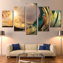 Load image into Gallery viewer, Ocean  Waves  Canvas  Wall  Art  Green  Beach  Wave  Living  Room  5  Piece  Canvas  Yellow  Cloudy  Sunset  Wave  Break  Canvas  Print For Living room
