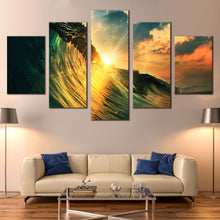 Load image into Gallery viewer, Ocean  Waves  Canvas  Wall  Art  Green  Wave  Falling  5  Piece  Multiple  Canvas  Wave  at  Yellow  Sunset  Canvas  Set For Living room
