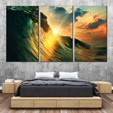 Load image into Gallery viewer, Ocean Waves Canvas Wall Art Green Wave Falling  3 Piece Multiple Canvas Wave at Yellow Sunset Triptych Canvas Set In Bedroom
