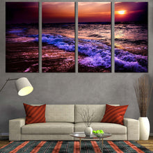 Load image into Gallery viewer, Ocean Waves Canvas Wall Art Orange Sunset Ocean Sky  4 Piece Canvas Blue Sea Waves Multi Canvas Artwork For Living Room
