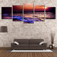 Load image into Gallery viewer, Ocean Waves Canvas Wall Art Orange Sunset Ocean Sky  5 Piece Canvas Blue Sea Waves Multi Canvas Artwork In Living Room
