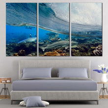 Load image into Gallery viewer, Ocean Waves Canvas Wall Art Underwater Grey Sharks Fish 3 Piece Multiple Canvas Blue Ocean Fishes Triptych Canvas Print For Bedroom
