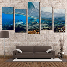 Load image into Gallery viewer, Ocean Waves Canvas Wall Art Underwater Grey Sharks Fish 5 Piece Multiple Canvas Blue Ocean Fishes Canvas Print

