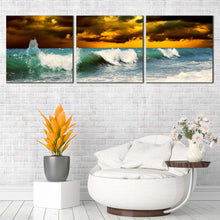 Load image into Gallery viewer, Ocean  Waves  Canvas  Wall  Art  Yellow  Cloudy  Sky  Seascape  3  Piece  Canvas  Green  Sea  Waves  Living  Room  Canvas  Print In Living Room
