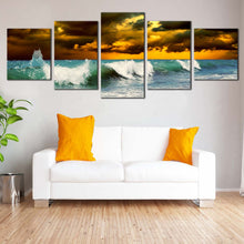 Load image into Gallery viewer, Ocean Waves Canvas Wall Art Yellow Cloudy Sky Seascape  5 Piece Canvas Green Sea Waves Canvas Print For Living room
