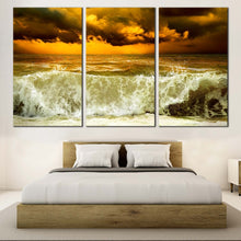 Load image into Gallery viewer, Ocean Waves Canvas Wall Art Yellow Cloudy Sky Seascape Storm  3 Piece Canvas Sea Green Waves Canvas Print For Bedroom
